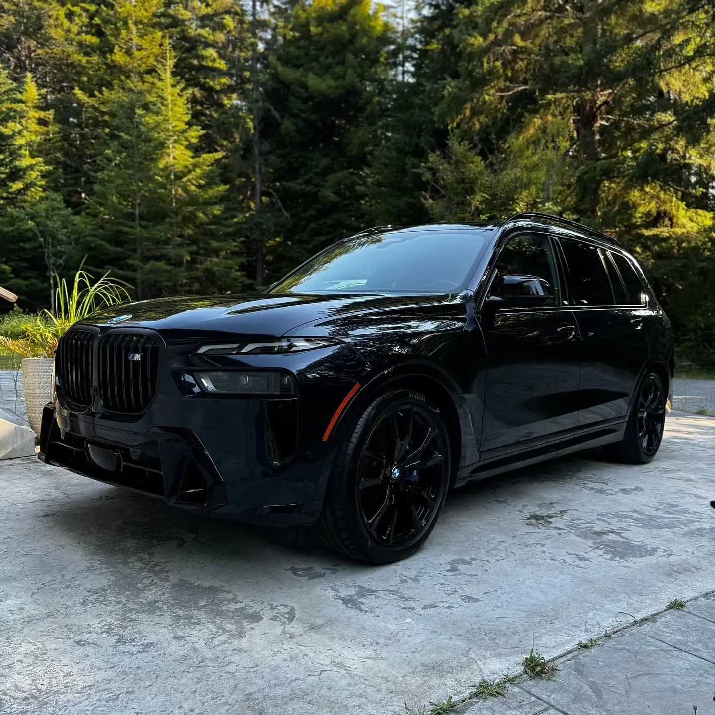 Black BMW SUV parked outdoors, showcasing a sleek, glossy exterior finish after professional detailing.